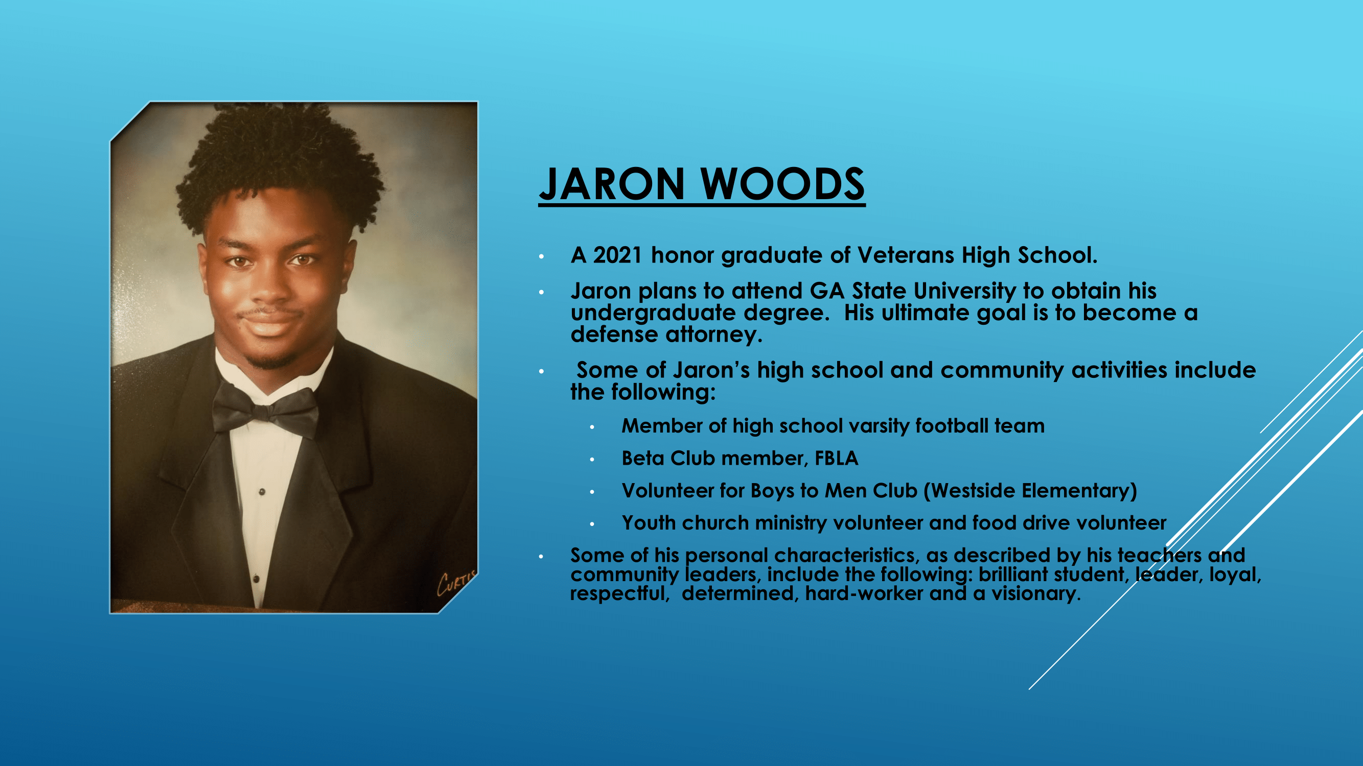 Nece Hopson Memorial Foundation  (NHMF) scholarship 2021 Recipient Jaron Woods