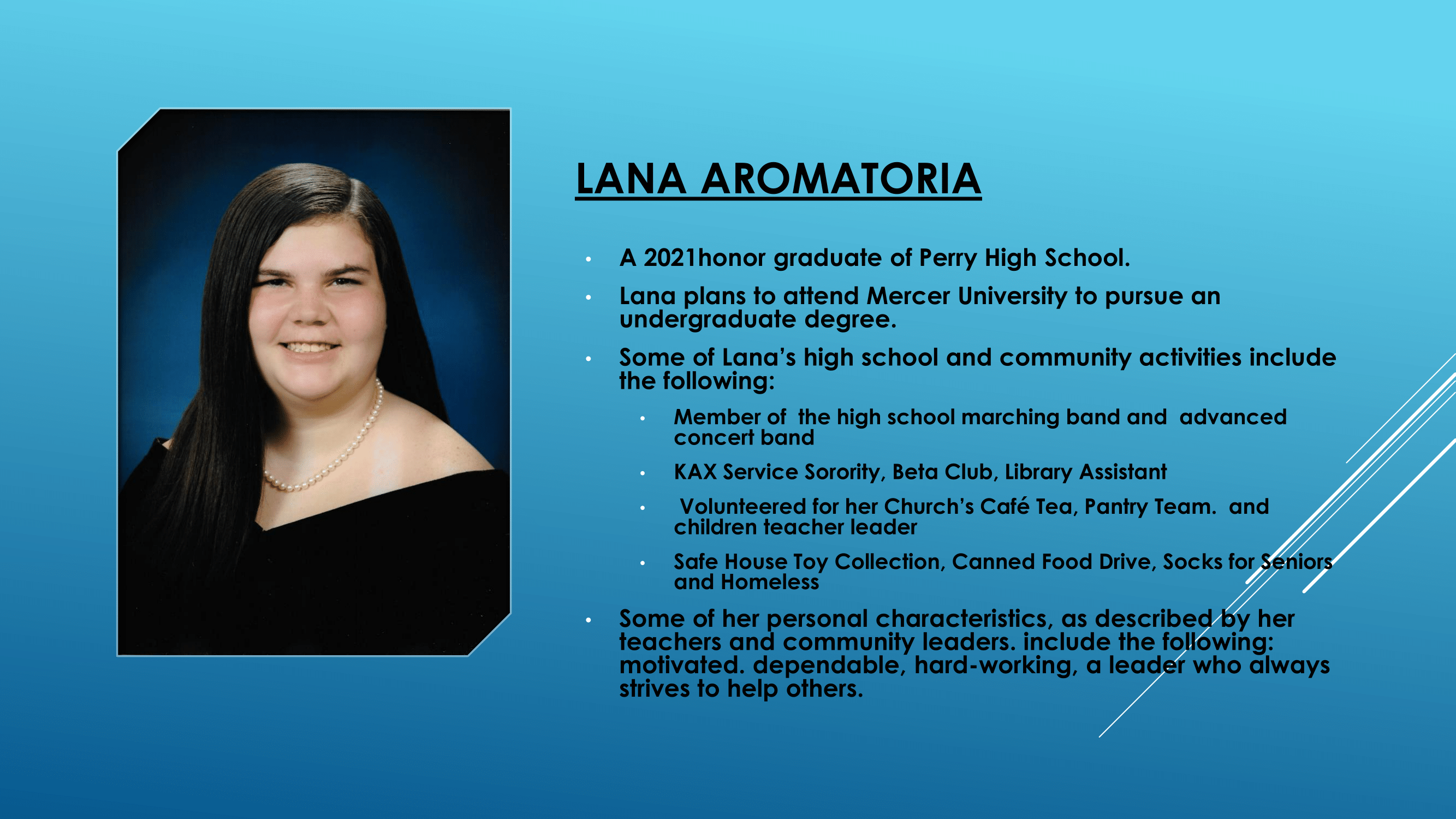 Nece Hopson Memorial Foundation  (NHMF) scholarship 2021 Recipient Lana Aromatoria