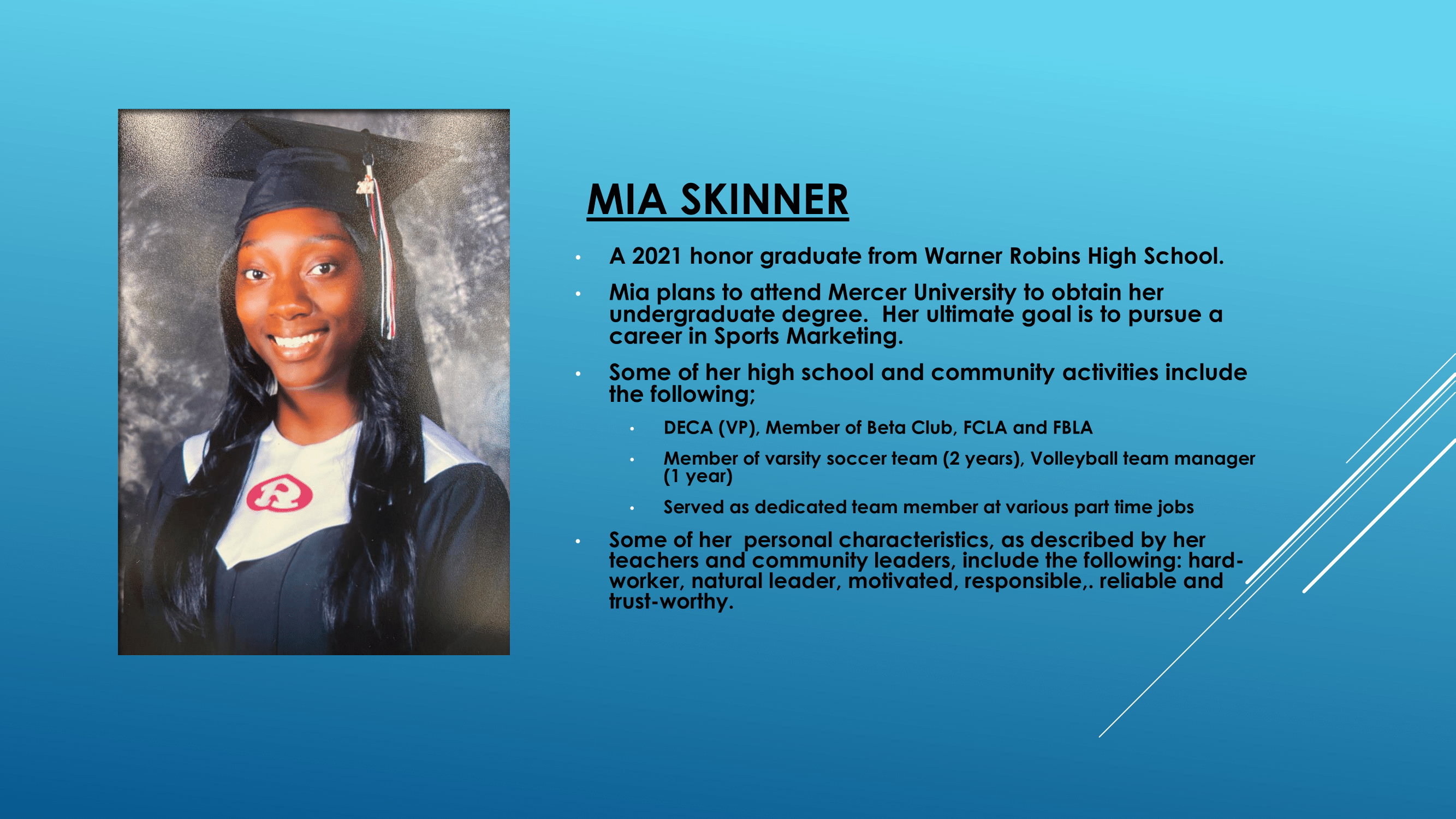Nece Hopson Memorial Foundation  (NHMF) scholarship 2021 Recipient Mia Skinner