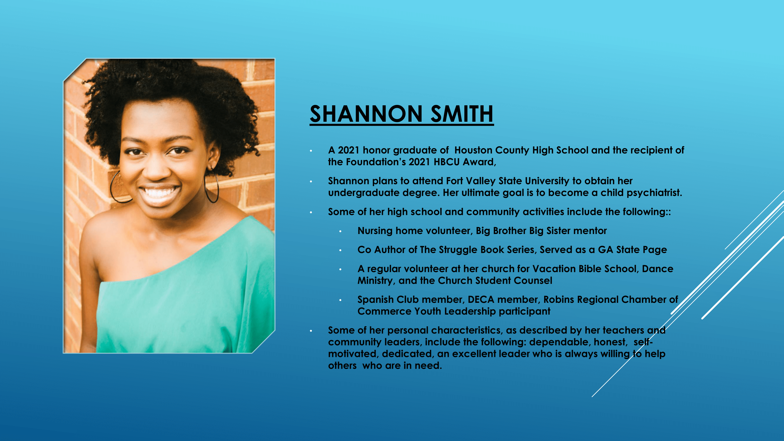 Nece Hopson Memorial Foundation  (NHMF) scholarship 2021 Recipient Shannon Smith