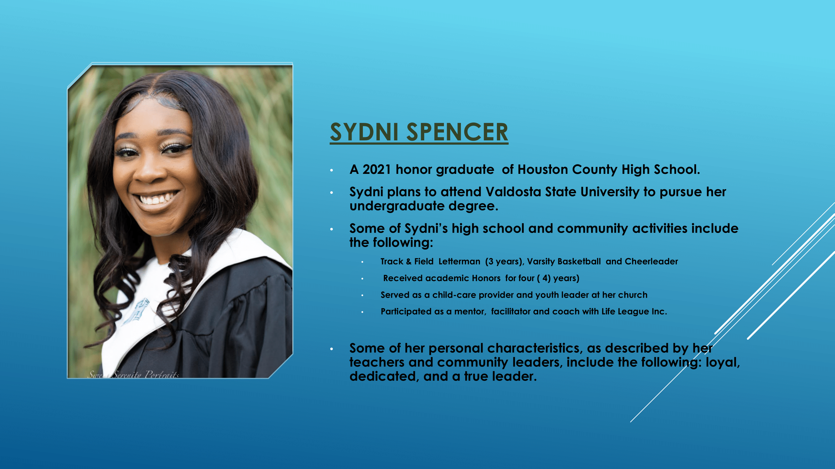 Nece Hopson Memorial Foundation  (NHMF) scholarship 2021 Recipient Sydni Spencer
