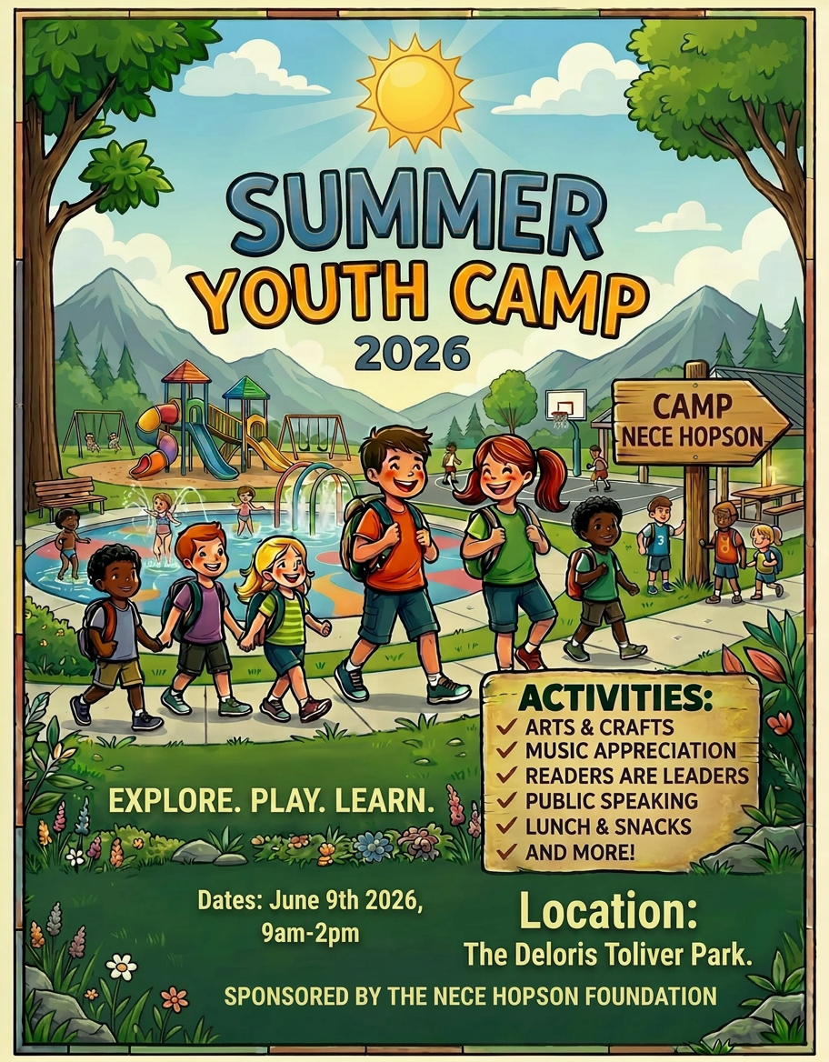 Illustration of children hiking by a lake with mountains, tents, and campfire at Camp Sunshine summer youth camp 2024